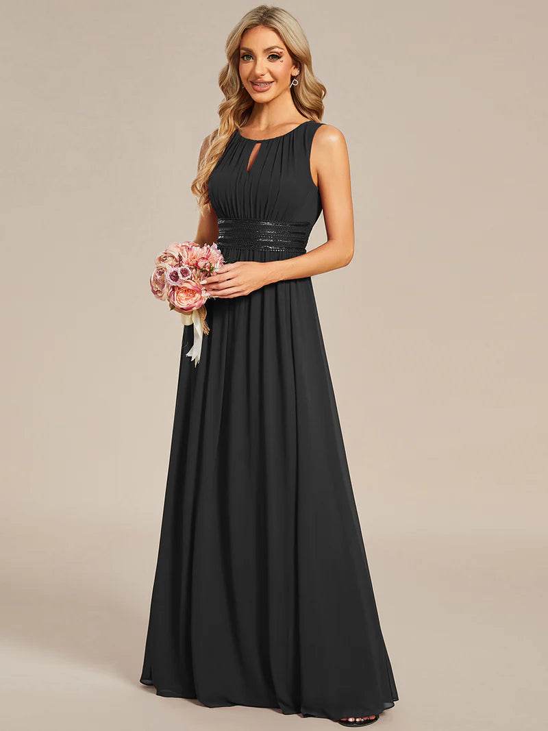 Chiffon Bridesmaid Dress – Maxi Length with Hollow Round Neck Design - Biamonde